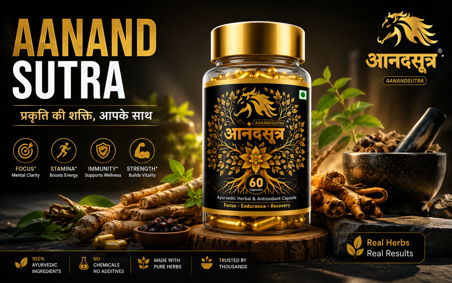 AanandSutra Ayurvedic wellness supplement bottle